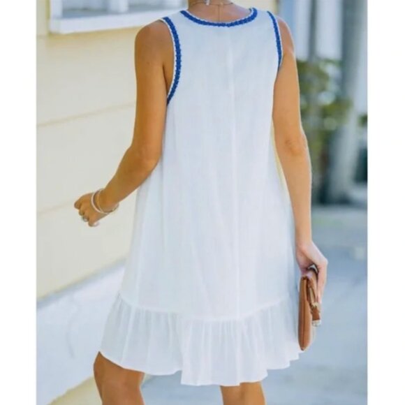 Dee Elly Dress Path to Paradise Blue White Embroidered Sleeveless Ruffle Medium - Picture 3 of 15